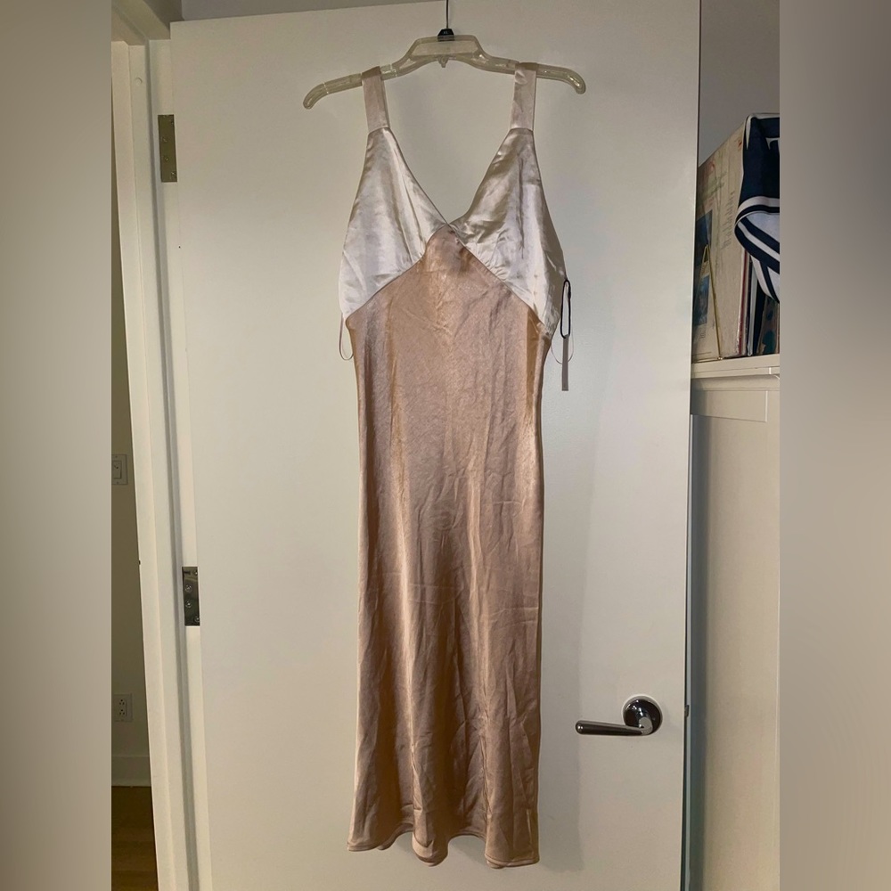 Notebook Romance Satin Colorblock Midi Dress - Champagne & White, from Vici